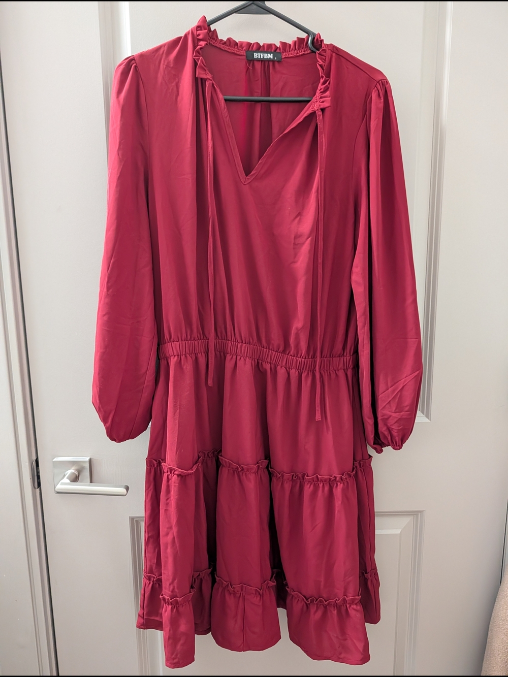 Ruffled V-Neck Long Sleeve Tiered Dress in Red by BTFBM